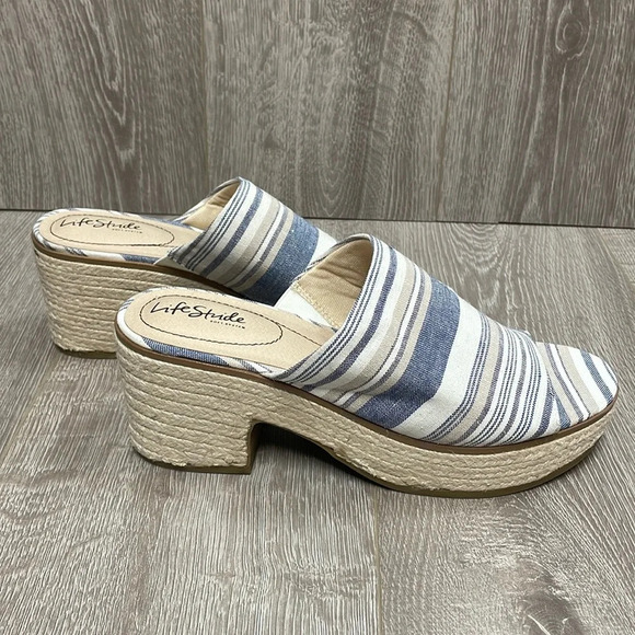 NWOT Life Stride Paradise Blue White Striped Espadrille  Heeled Sandal 1… - Picture 1 of 16